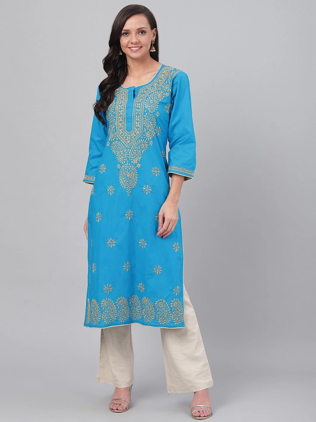 Ada Hand Embroidered Blue Pure Cambric Cotton Lucknowi Chikankari Straight Kurta A214156