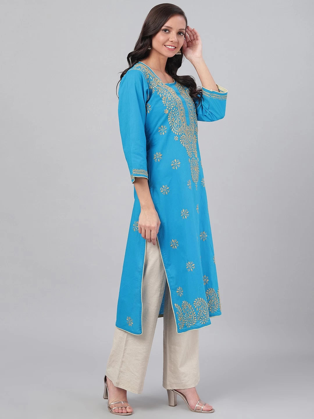 Ada Hand Embroidered Blue Pure Cambric Cotton Lucknowi Chikankari Straight Kurta A214156