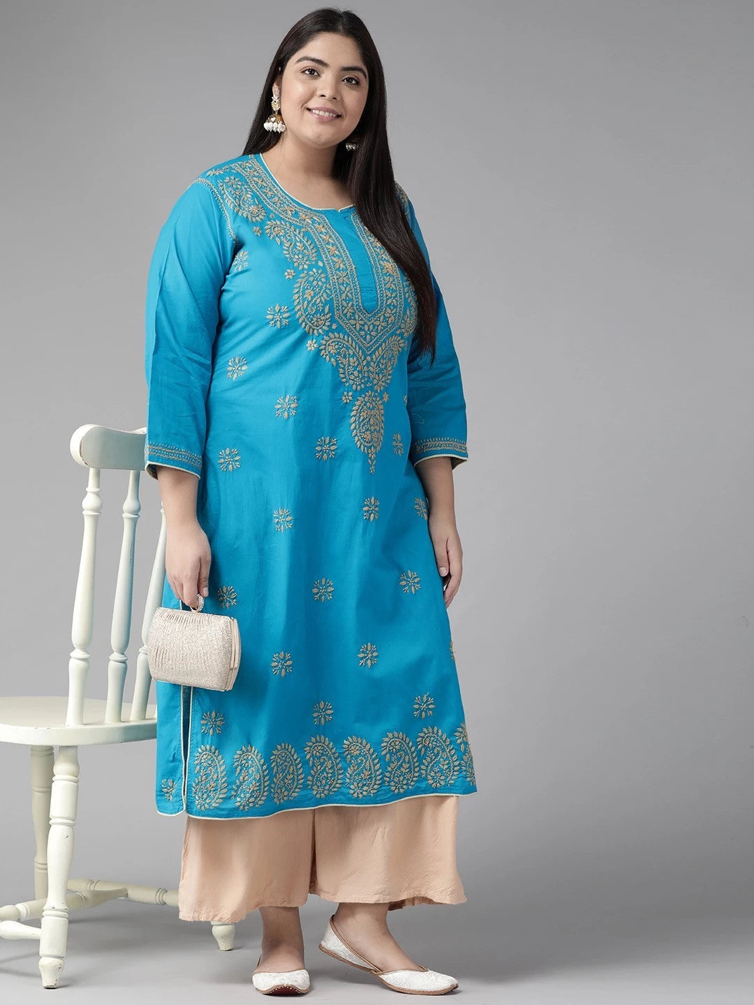 Ada Hand Embroidered Blue Pure Cambric Cotton Lucknowi Chikankari Straight Kurta A214156