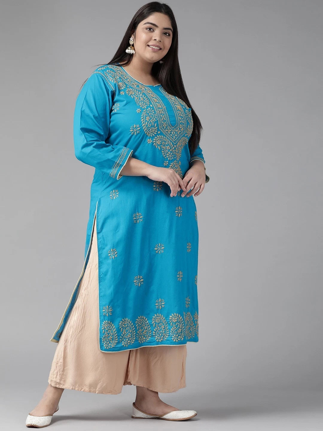 Ada Hand Embroidered Blue Pure Cambric Cotton Lucknowi Chikankari Straight Kurta A214156