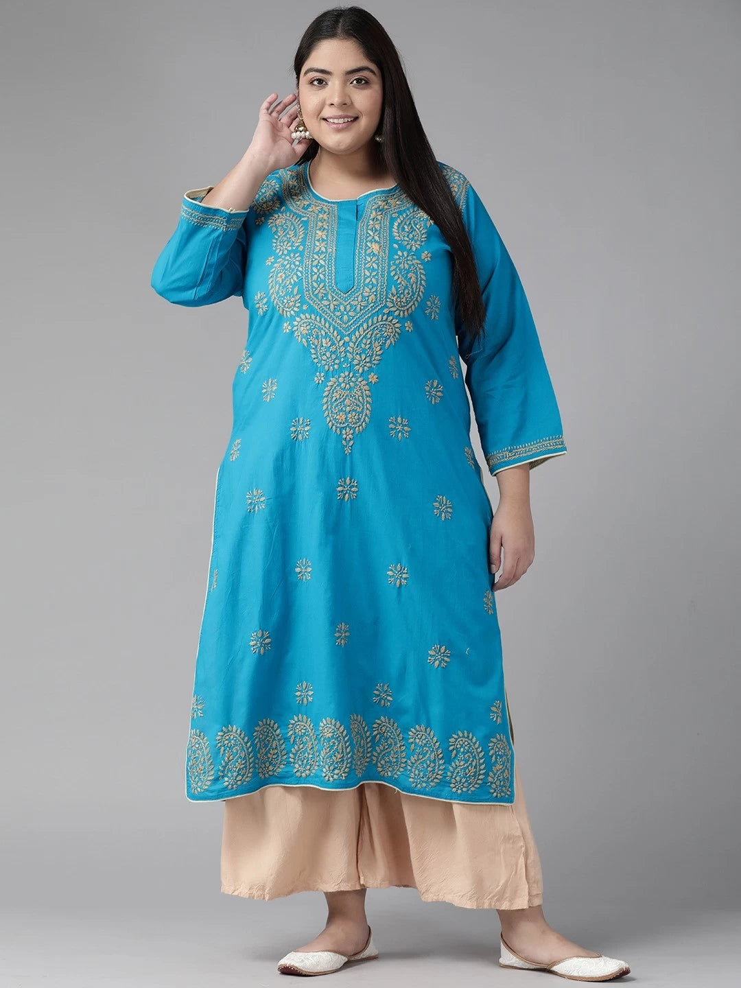 Ada Hand Embroidered Blue Pure Cambric Cotton Lucknowi Chikankari Straight Kurta A214156