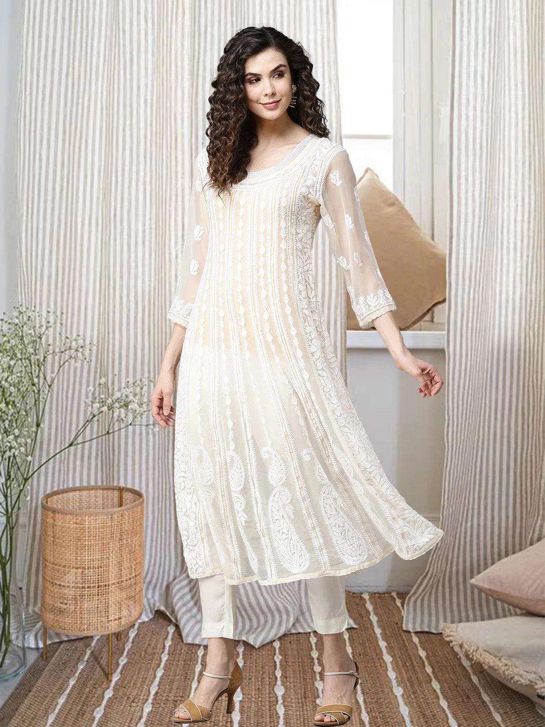 Ada Hand Embroidered Fawn Georgette Lucknowi Chikankari Anarkali A-line Kurta A411201