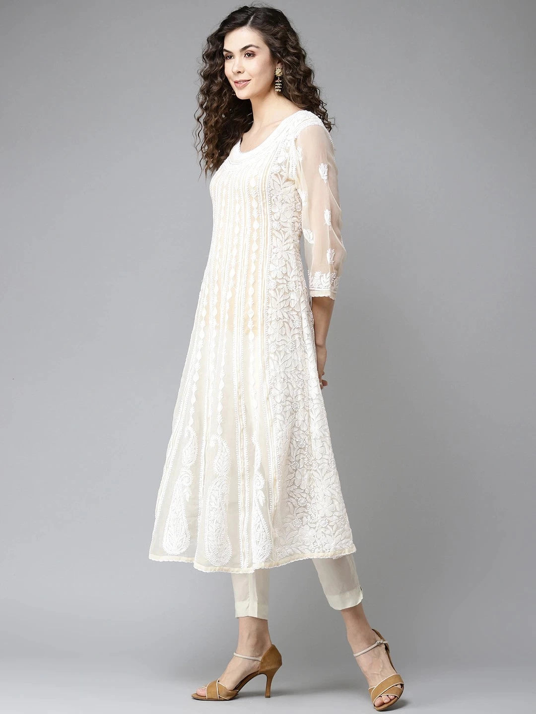Ada Hand Embroidered Fawn Georgette Lucknowi Chikankari Anarkali A-line Kurta A411201