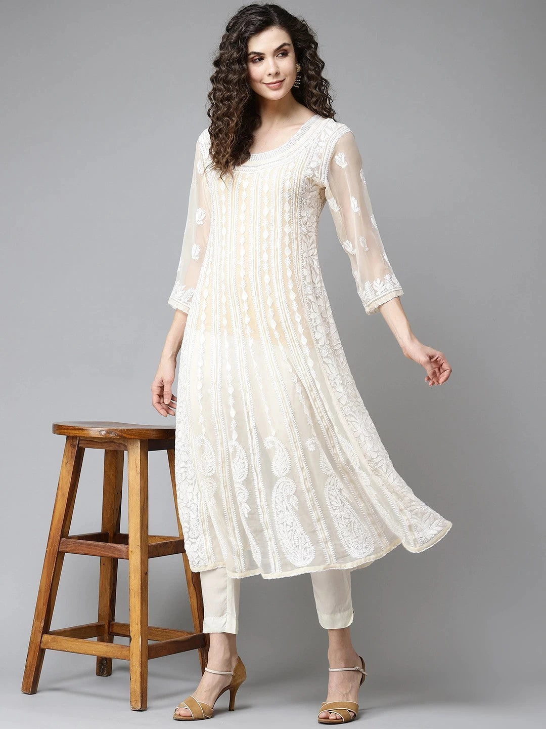 Ada Hand Embroidered Fawn Georgette Lucknowi Chikankari Anarkali A-line Kurta A411201