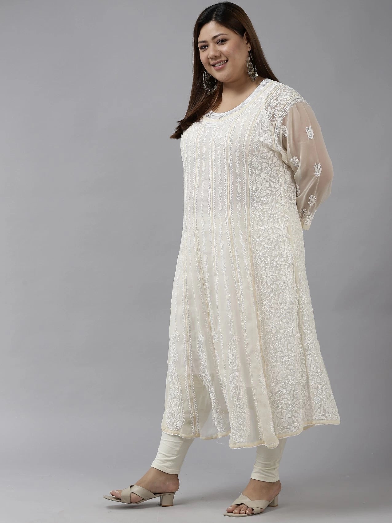 Ada Hand Embroidered Fawn Georgette Lucknowi Chikankari Anarkali A-line Kurta A411201