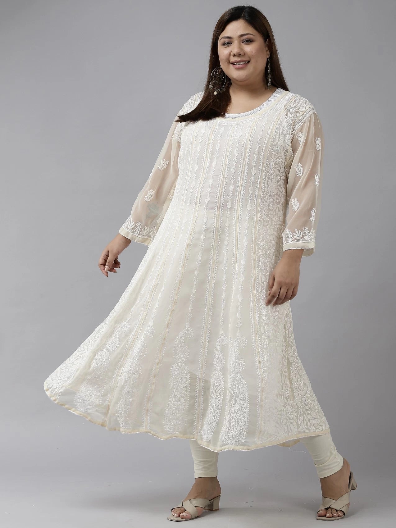 Ada Hand Embroidered Fawn Georgette Lucknowi Chikankari Anarkali A-line Kurta A411201