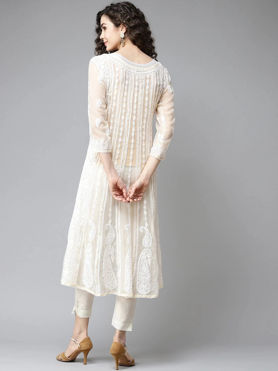 Ada Hand Embroidered Fawn Georgette Lucknowi Chikankari Anarkali A-line Kurta A411201