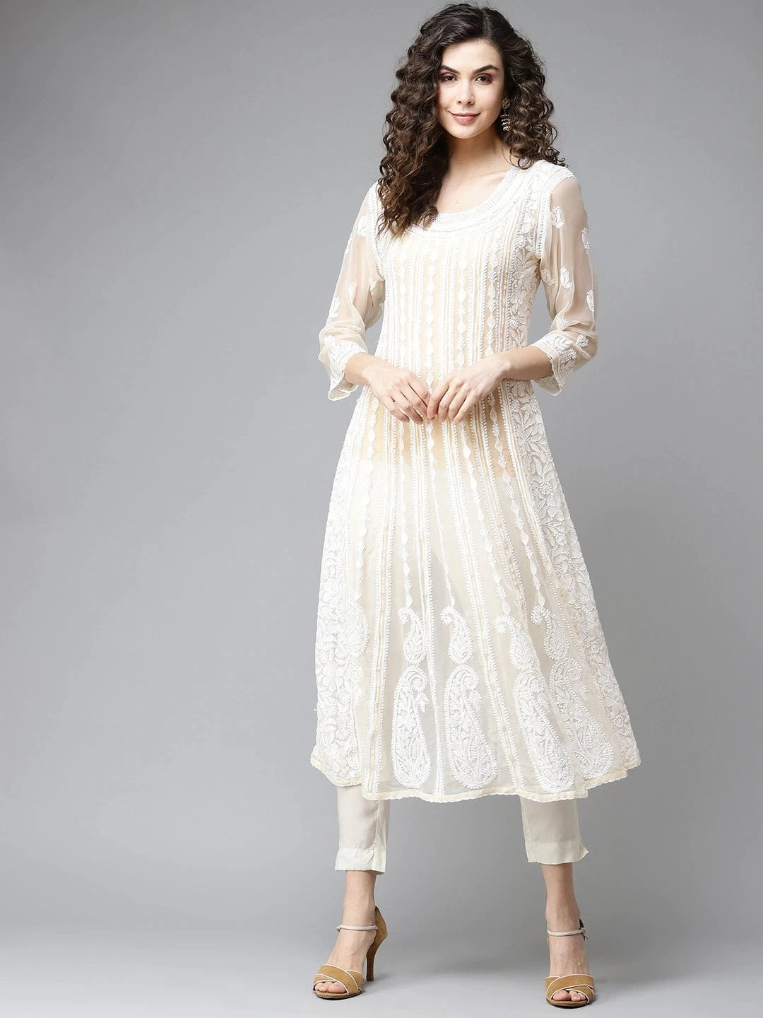 Ada Hand Embroidered Fawn Georgette Lucknowi Chikankari Anarkali A-line Kurta A411201