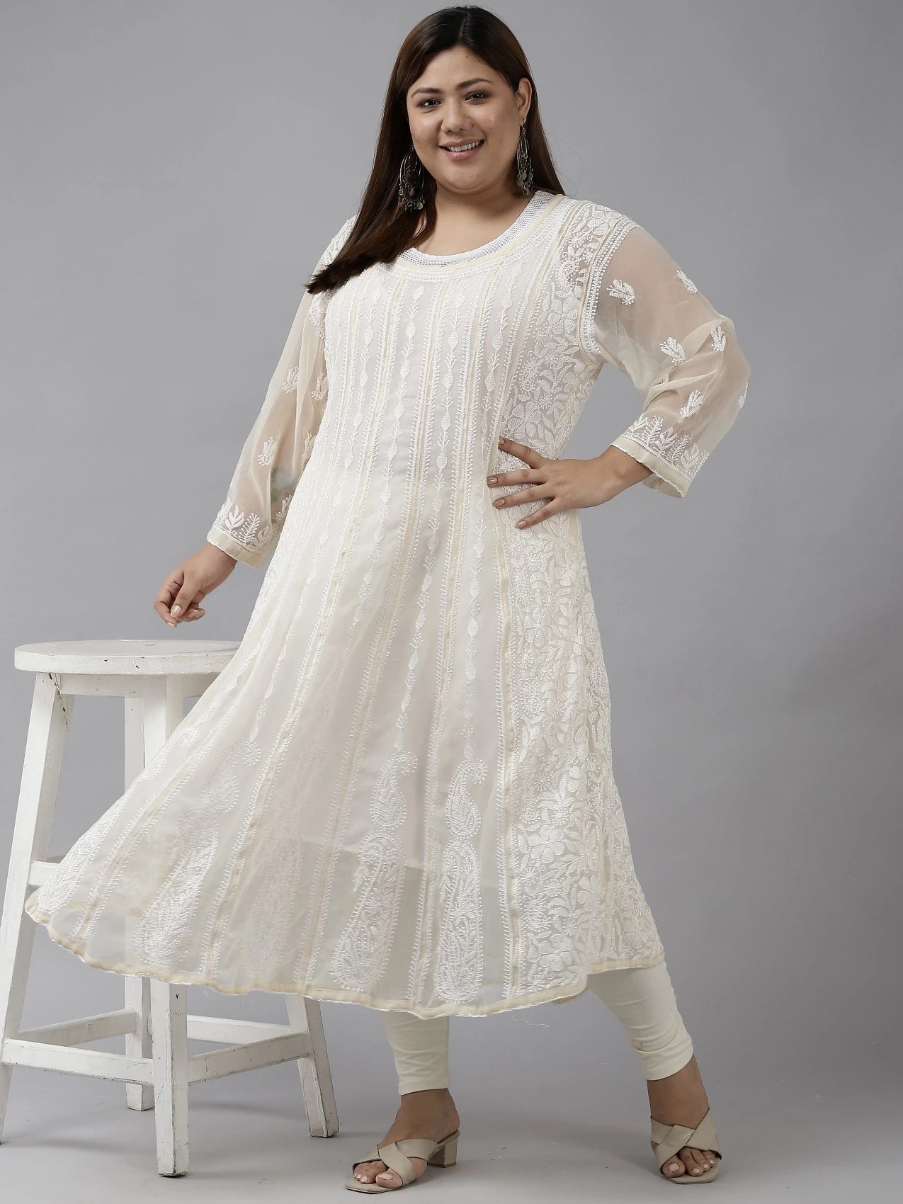 Ada Hand Embroidered Fawn Georgette Lucknowi Chikankari Anarkali A-line Kurta A411201