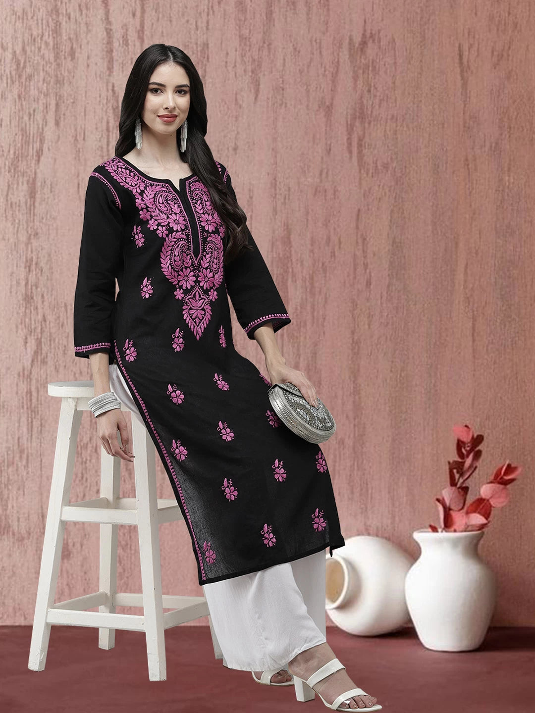Ada Hand Embroidered Black Cotton Lucknow Chikankari Straight Kurta A411272