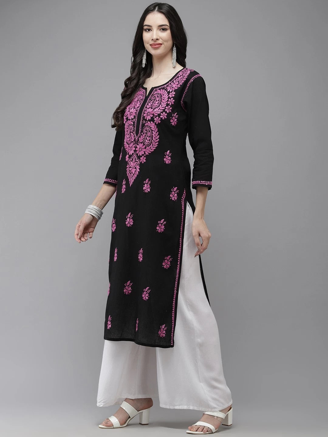 Ada Hand Embroidered Black Cotton Lucknow Chikankari Straight Kurta A411272