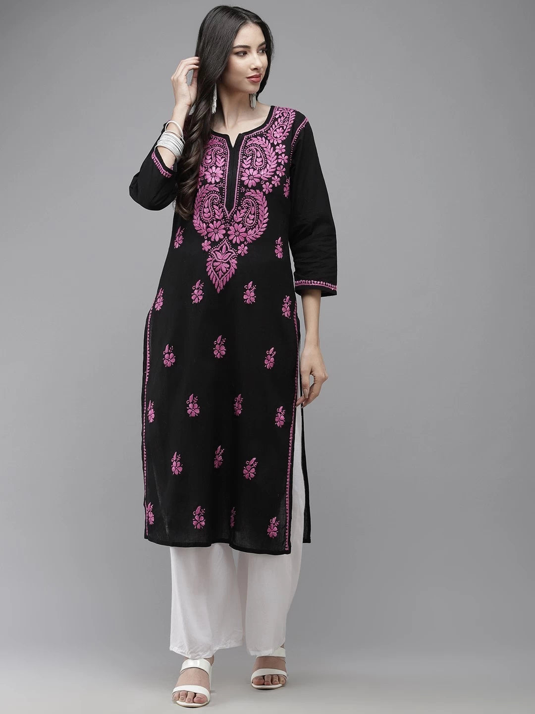Ada Hand Embroidered Black Cotton Lucknow Chikankari Straight Kurta A411272