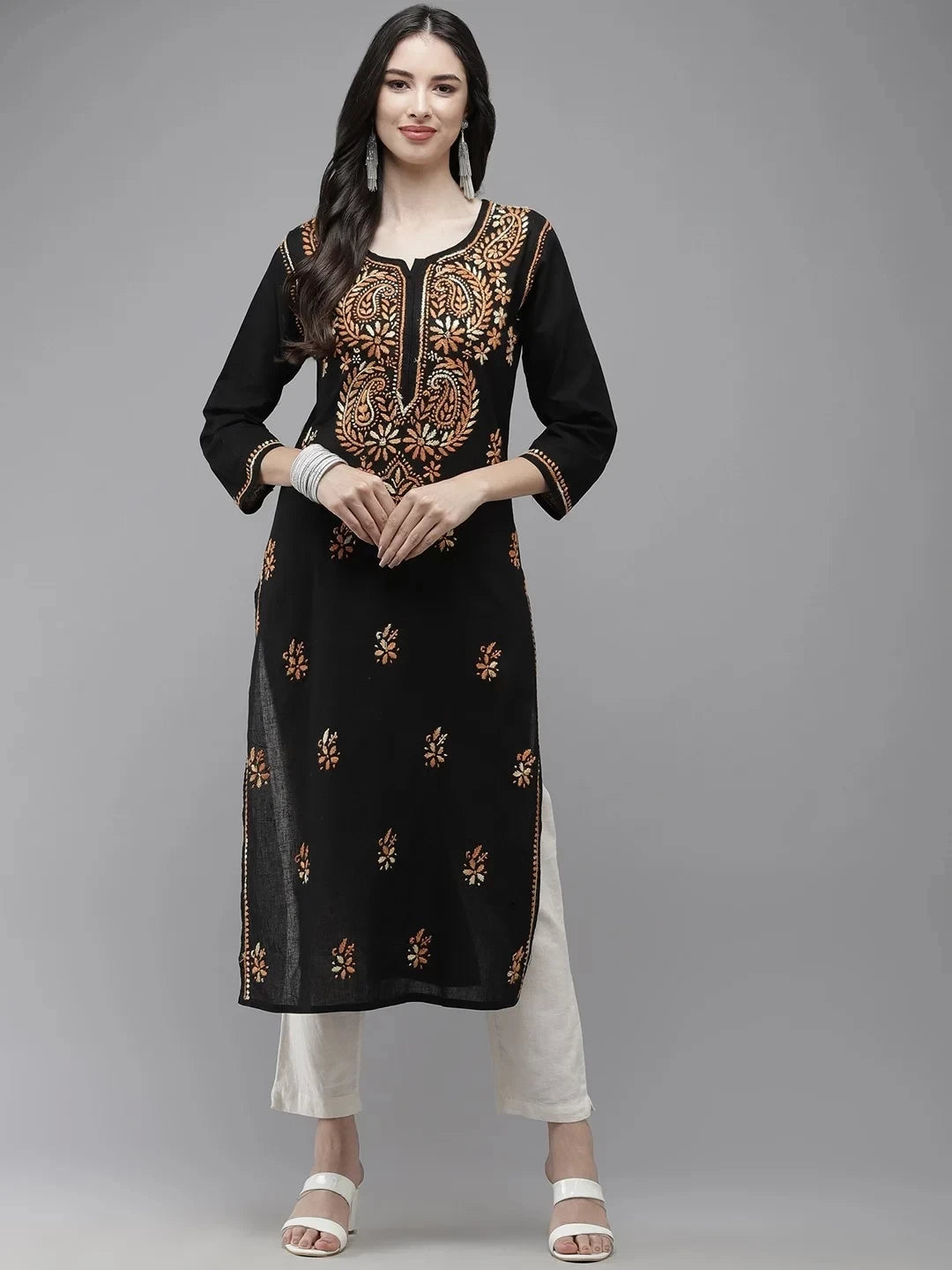 Ada Hand Embroidered Black Cotton Lucknow Chikankari Straight Kurta A411273