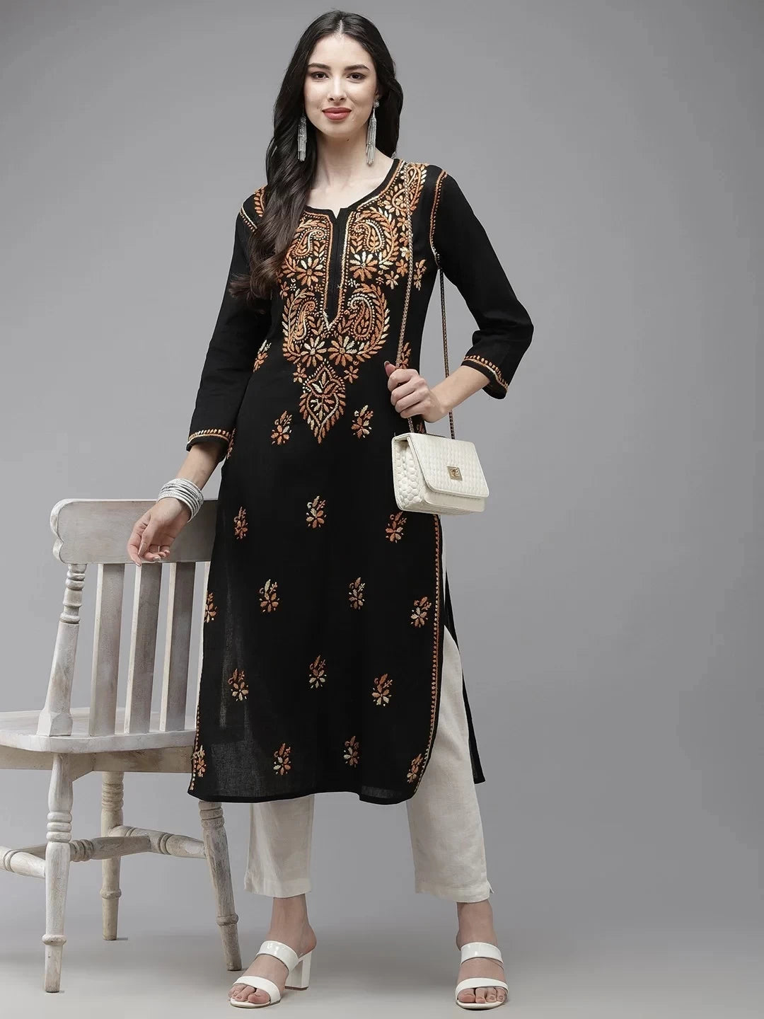 Ada Hand Embroidered Black Cotton Lucknow Chikankari Straight Kurta A411273