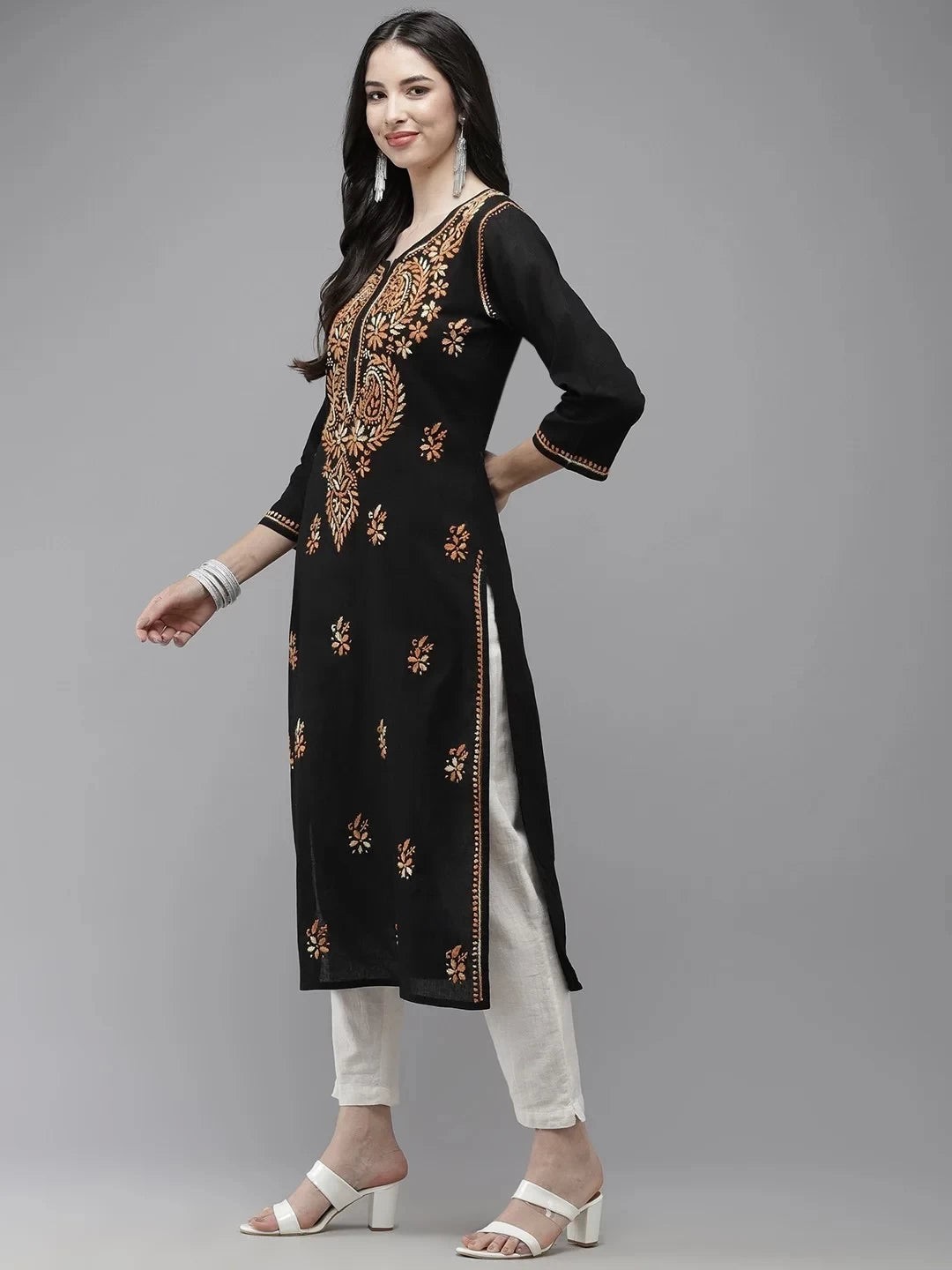 Ada Hand Embroidered Black Cotton Lucknow Chikankari Straight Kurta A411273