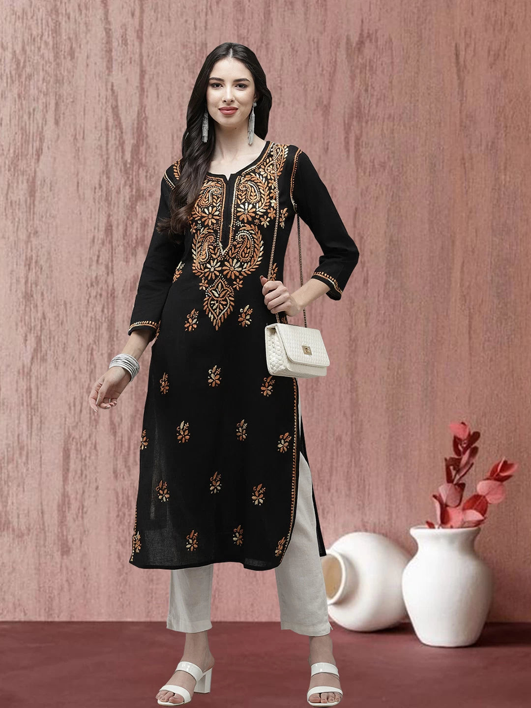 Ada Hand Embroidered Black Cotton Lucknow Chikankari Straight Kurta A411273
