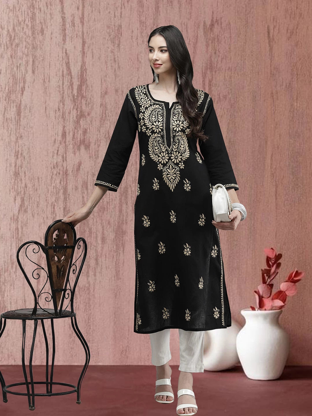 Ada Hand Embroidered Black Cotton Lucknow Chikankari Kurta A411275