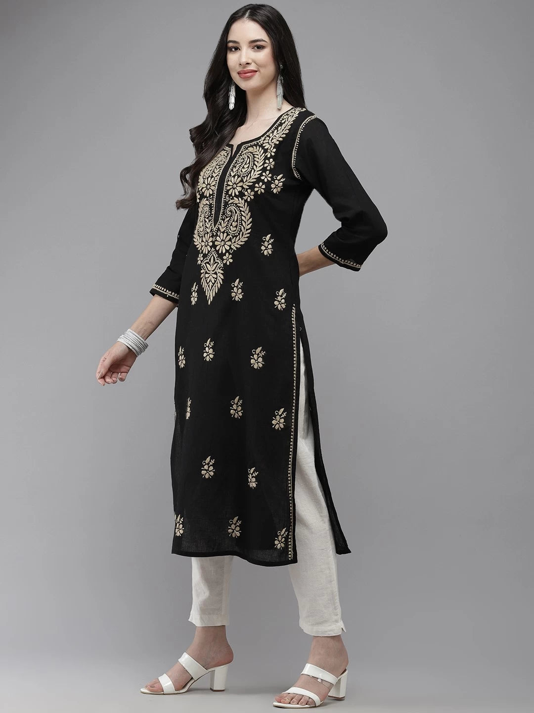 Ada Hand Embroidered Black Cotton Lucknow Chikankari Kurta A411275