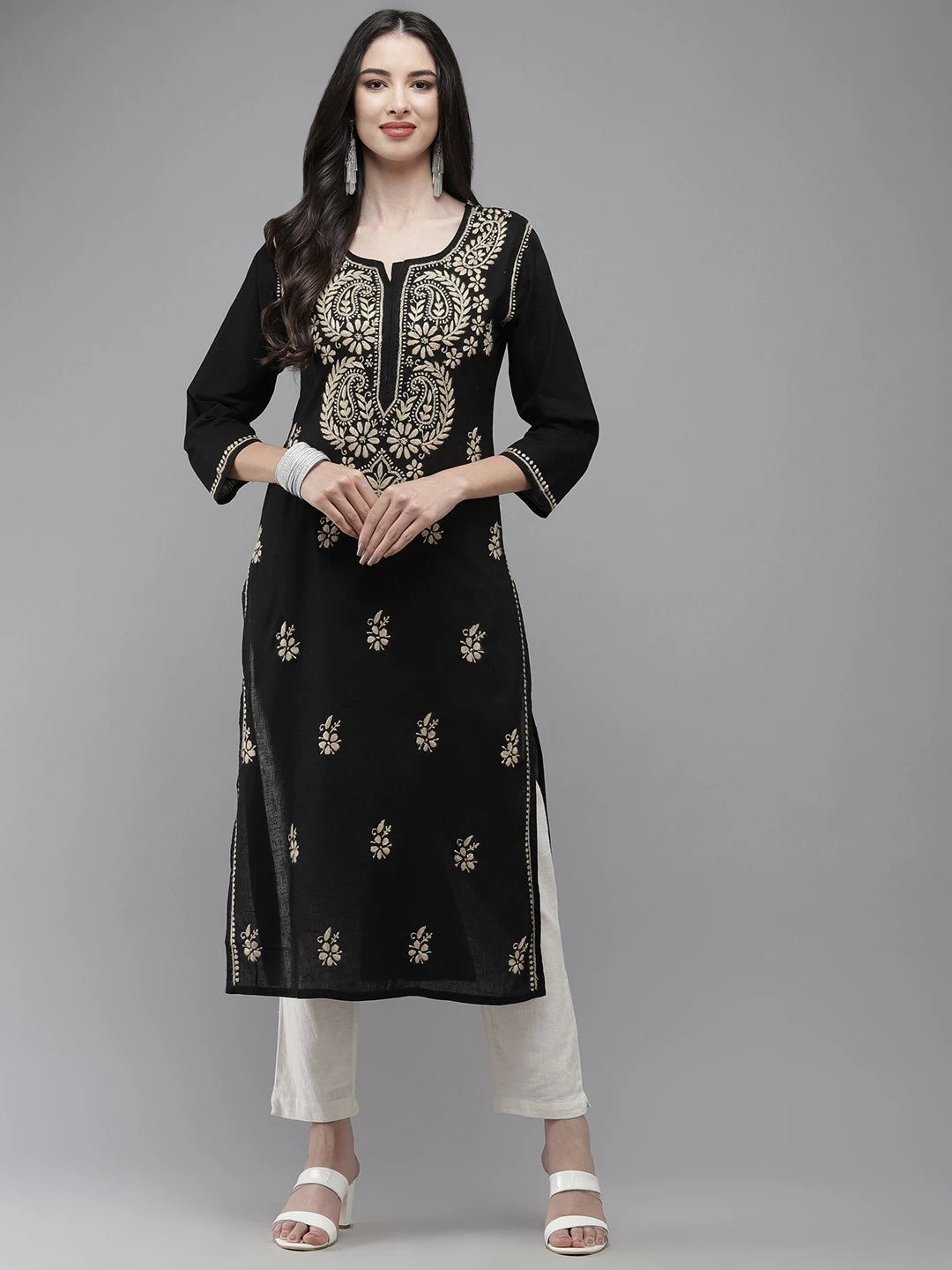 Ada Hand Embroidered Black Cotton Lucknow Chikankari Kurta A411275