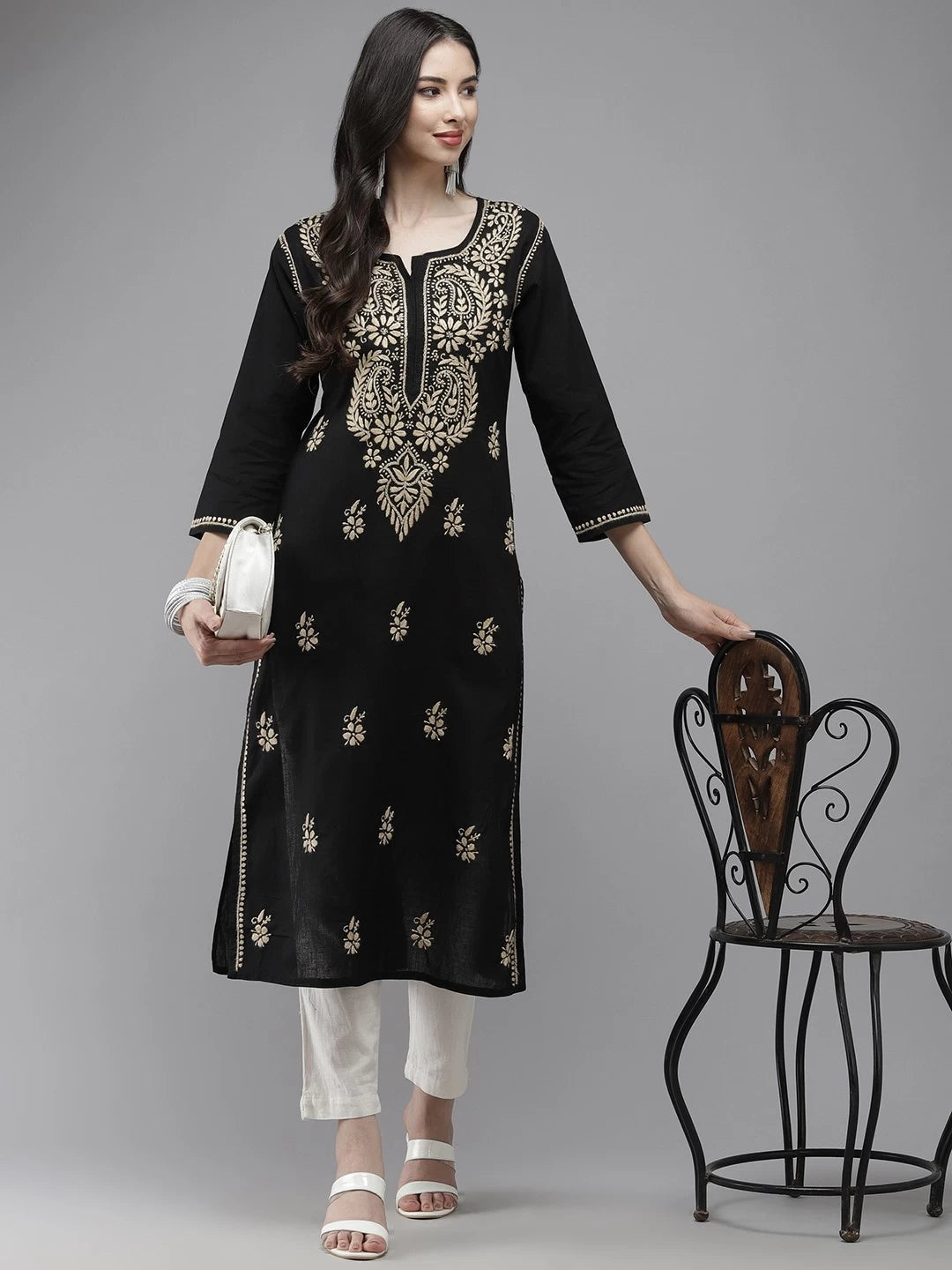 Ada Hand Embroidered Black Cotton Lucknow Chikankari Kurta A411275