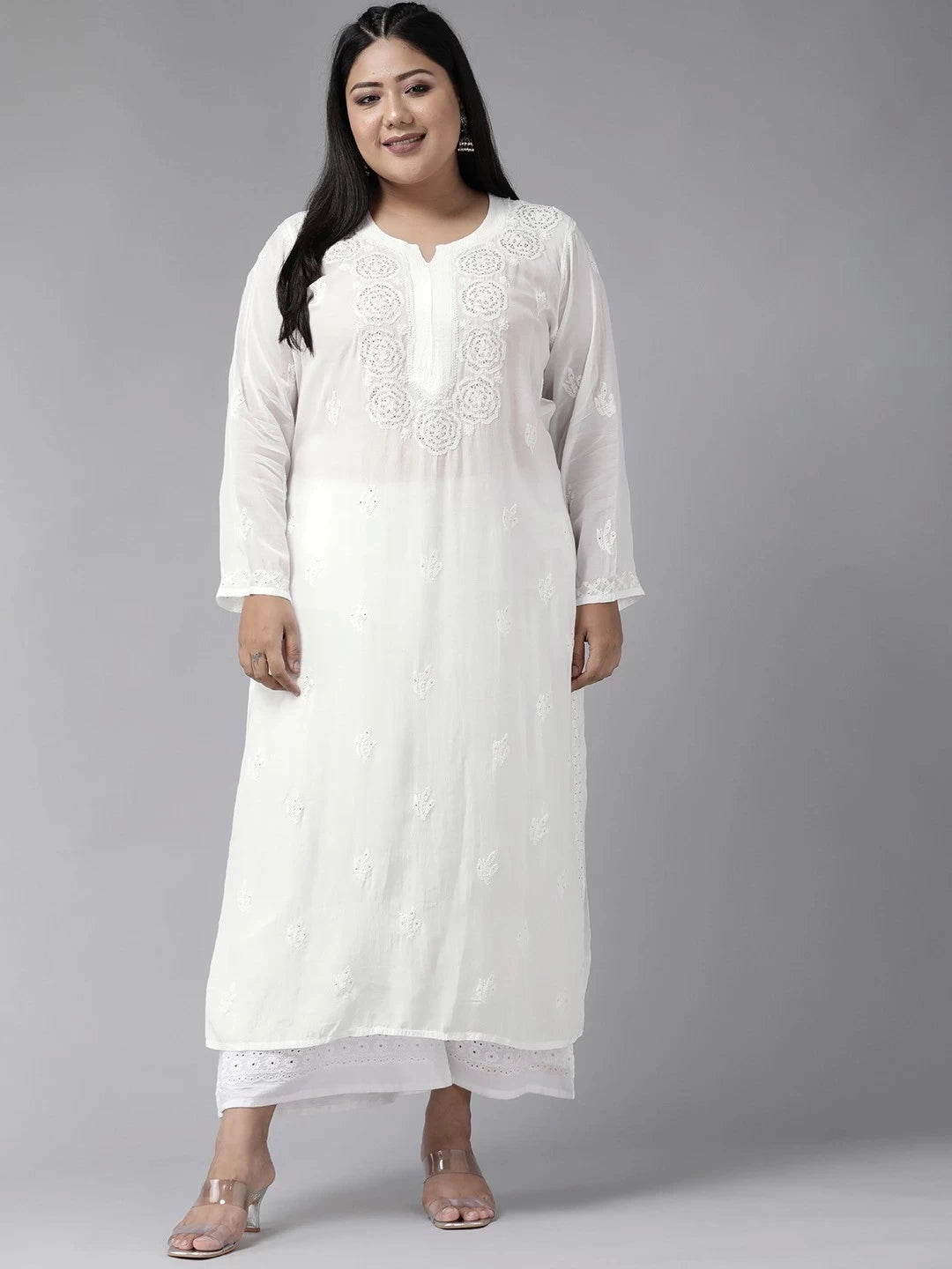 Ada Hand Embroidered White Muslin Lucknowi Chikankari straight Kurta With Muqaish Work A100420