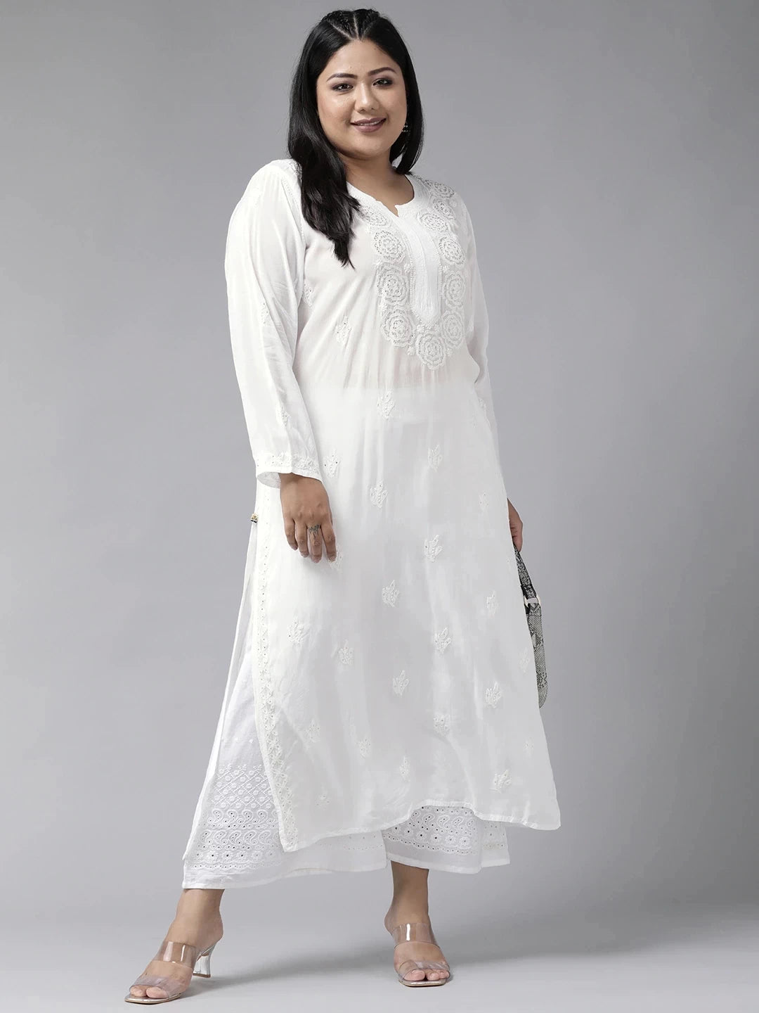 Ada Hand Embroidered White Muslin Lucknowi Chikankari straight Kurta With Muqaish Work A100420
