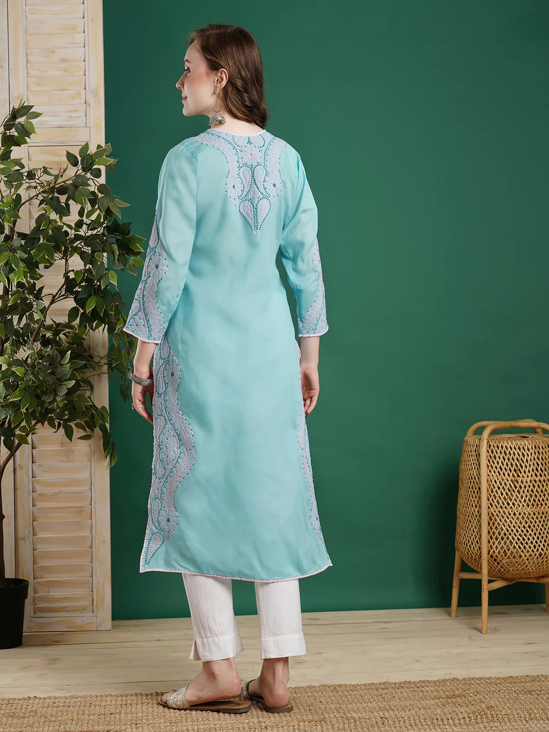 Ada Hand Embroidered Blue Cotton Lucknowi Chikankari Straight Kurta A100368