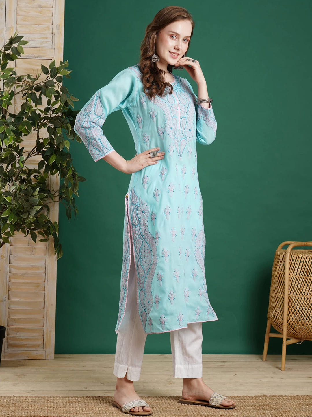 Ada Hand Embroidered Blue Cotton Lucknowi Chikankari Straight Kurta A100368