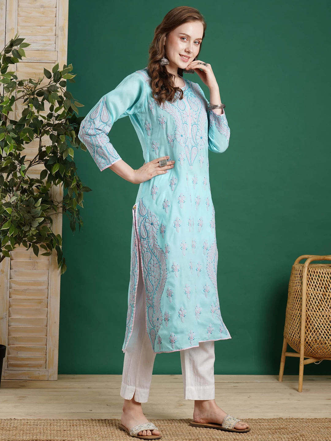 Ada Hand Embroidered Blue Cotton Lucknowi Chikankari Straight Kurta A100368