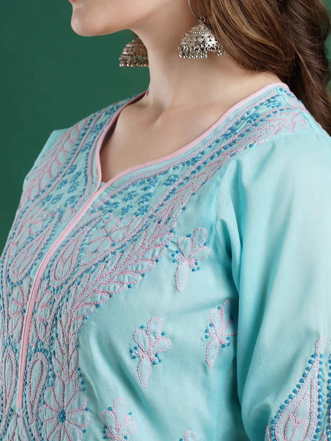 Ada Hand Embroidered Blue Cotton Lucknowi Chikankari Straight Kurta A100368