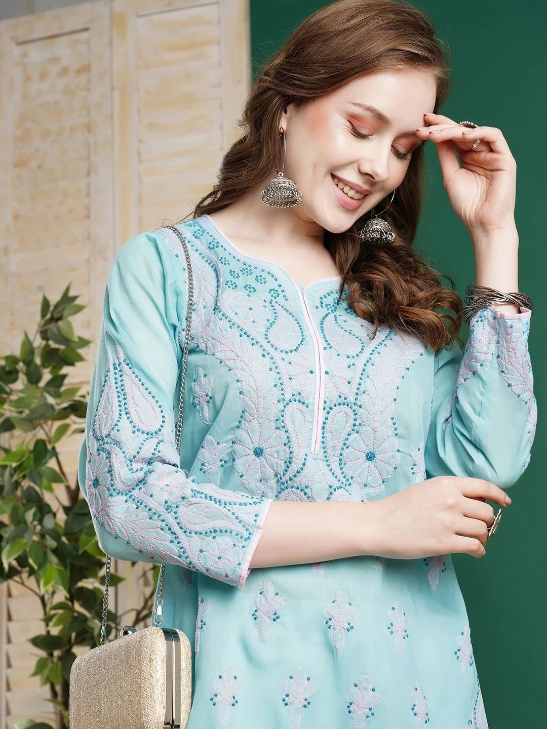Ada Hand Embroidered Blue Cotton Lucknowi Chikankari Straight Kurta A100368