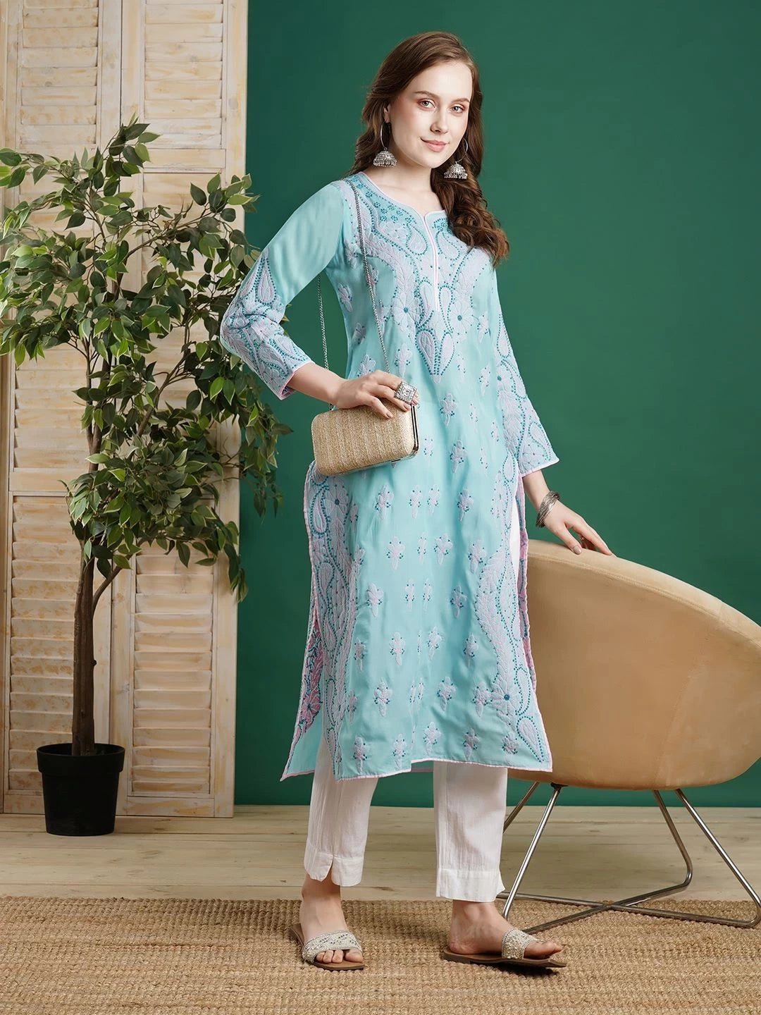 Ada Hand Embroidered Blue Cotton Lucknowi Chikankari Straight Kurta A100368