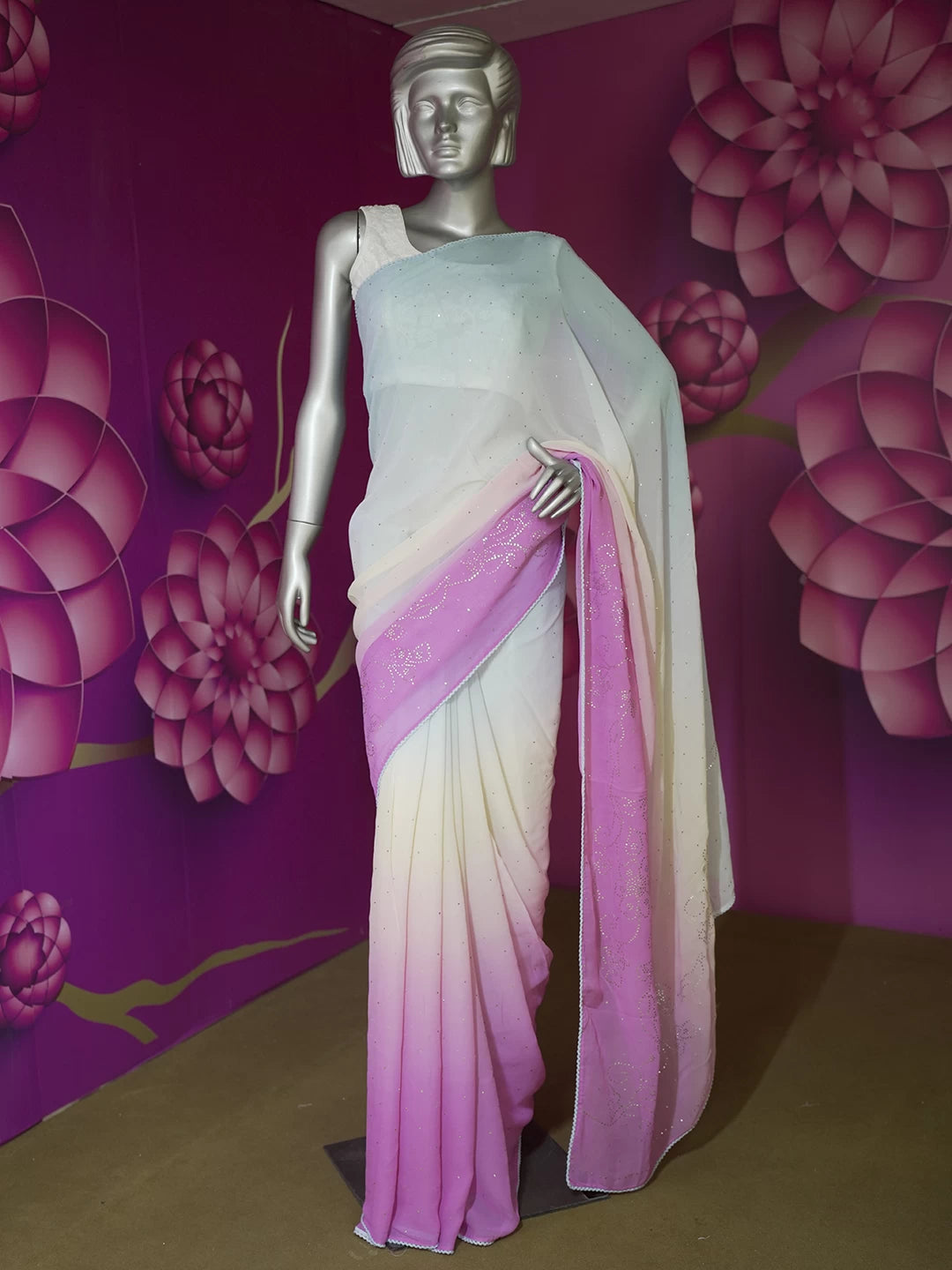 Ada Hand Embroidered Blue And Pink Ombre Shade Viscose Georgette Saree With Blouse And Mukaish Work 01A243698