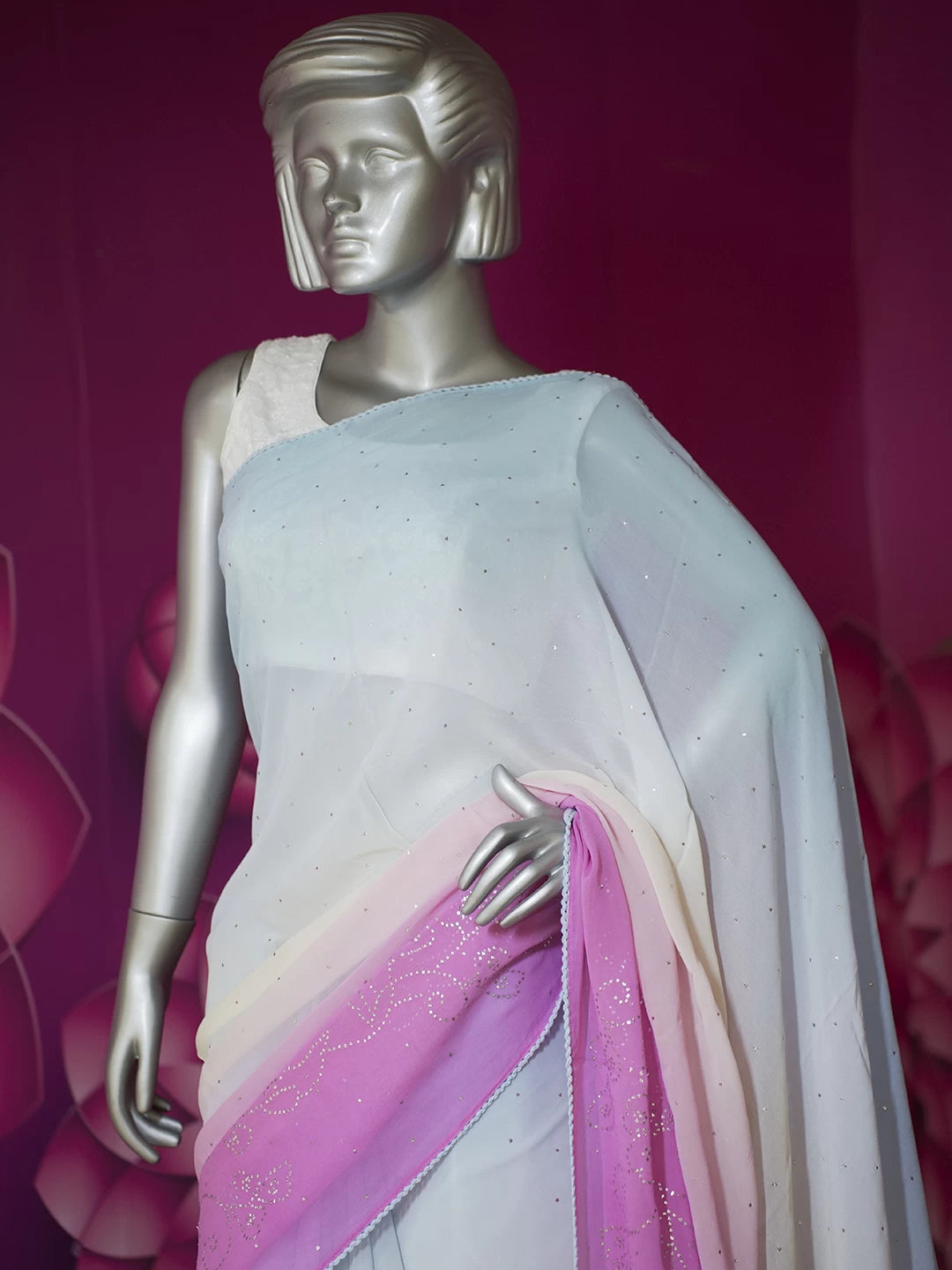 Ada Hand Embroidered Blue And Pink Ombre Shade Viscose Georgette Saree With Blouse And Mukaish Work 01A243698