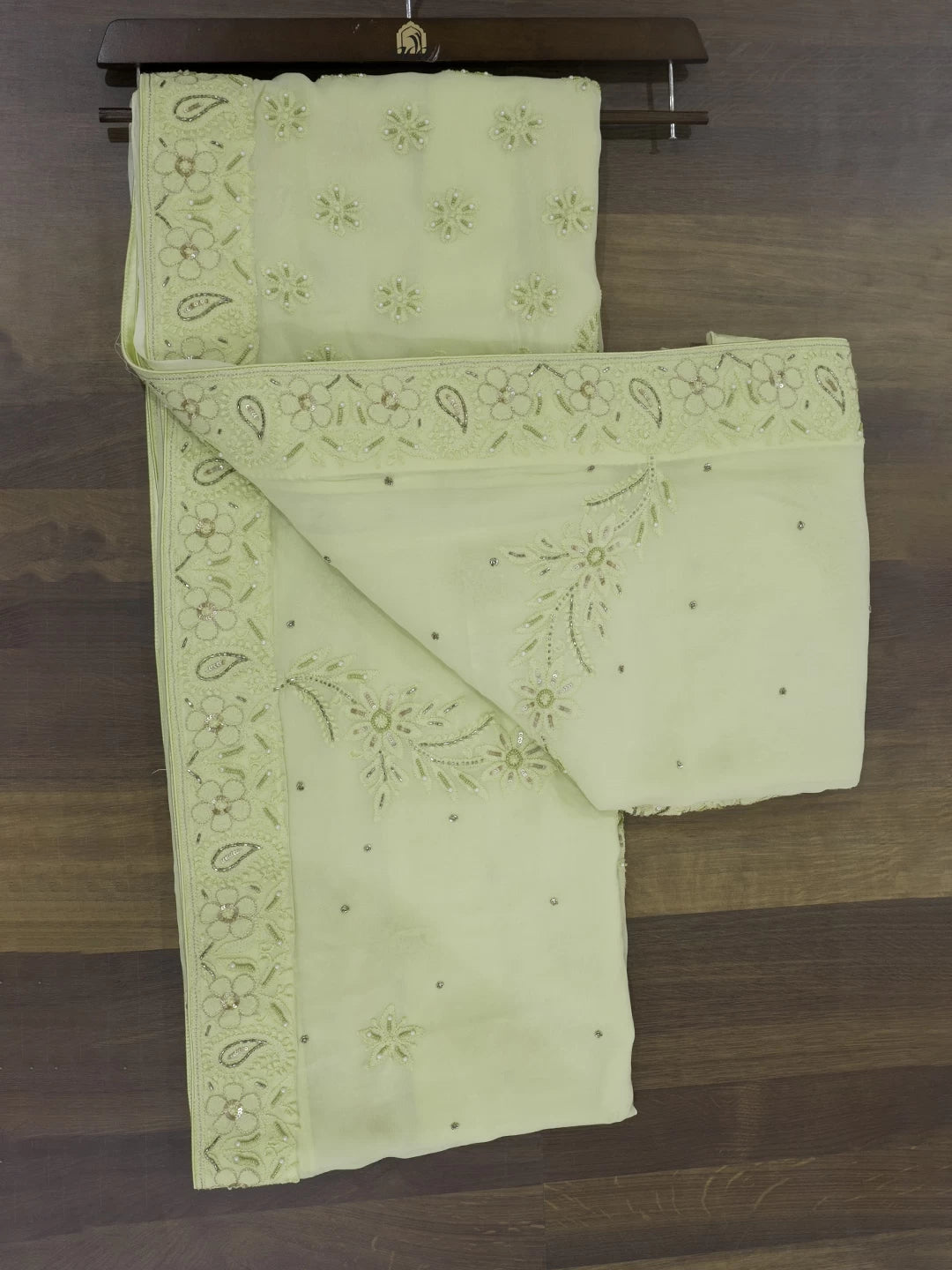 Ada Hand Embroidered Lime Green Viscose Georgette Lucknowi Chikankari Saree With Blouse And Pearl Work 01A356367