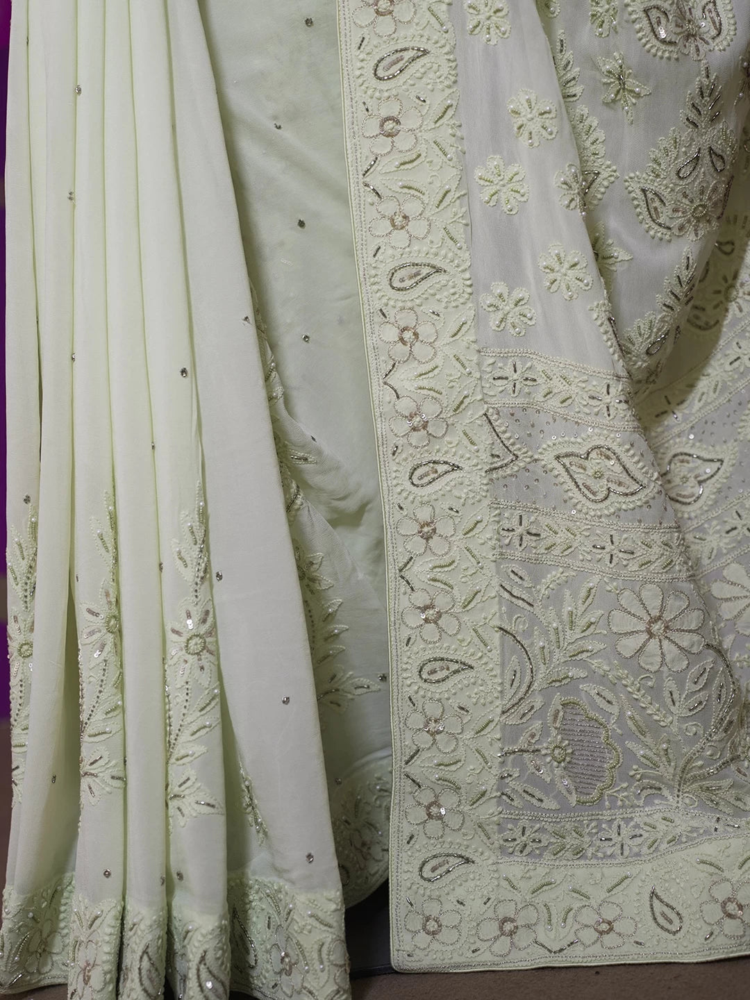 Ada Hand Embroidered Lime Green Viscose Georgette Lucknowi Chikankari Saree With Blouse And Pearl Work 01A356367