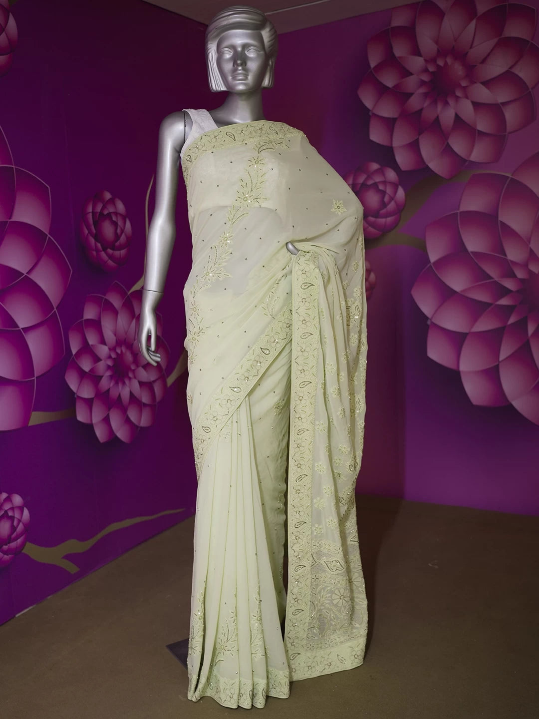 Ada Hand Embroidered Lime Green Viscose Georgette Lucknowi Chikankari Saree With Blouse And Pearl Work 01A356367