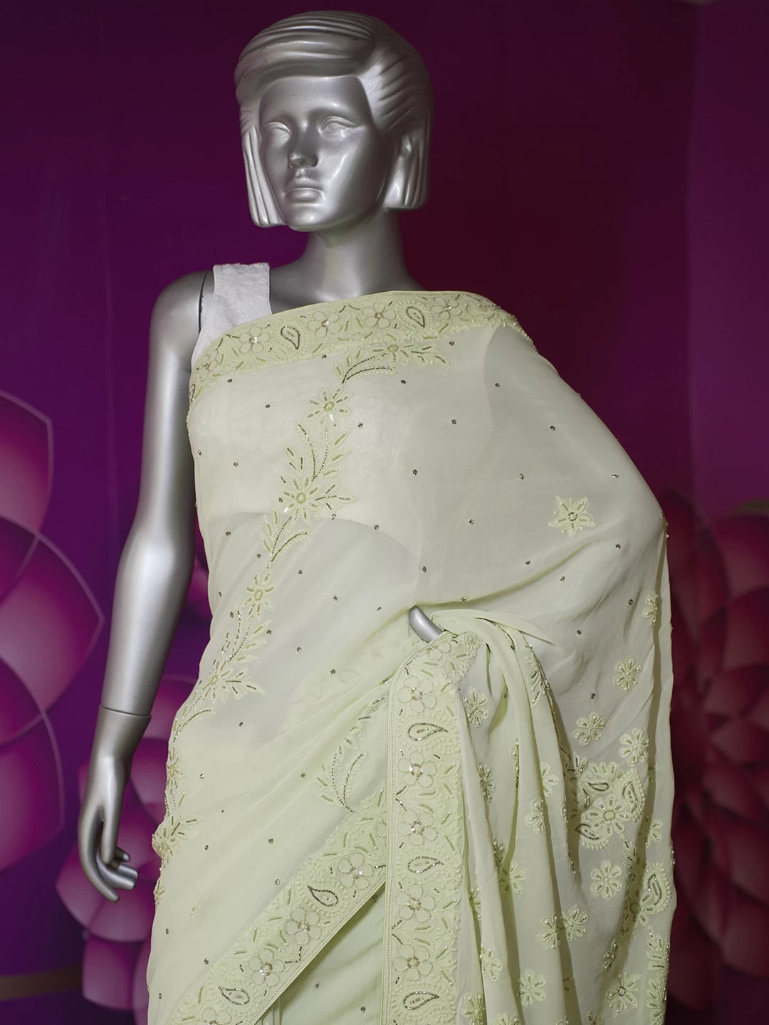 Ada Hand Embroidered Lime Green Viscose Georgette Lucknowi Chikankari Saree With Blouse And Pearl Work 01A356367