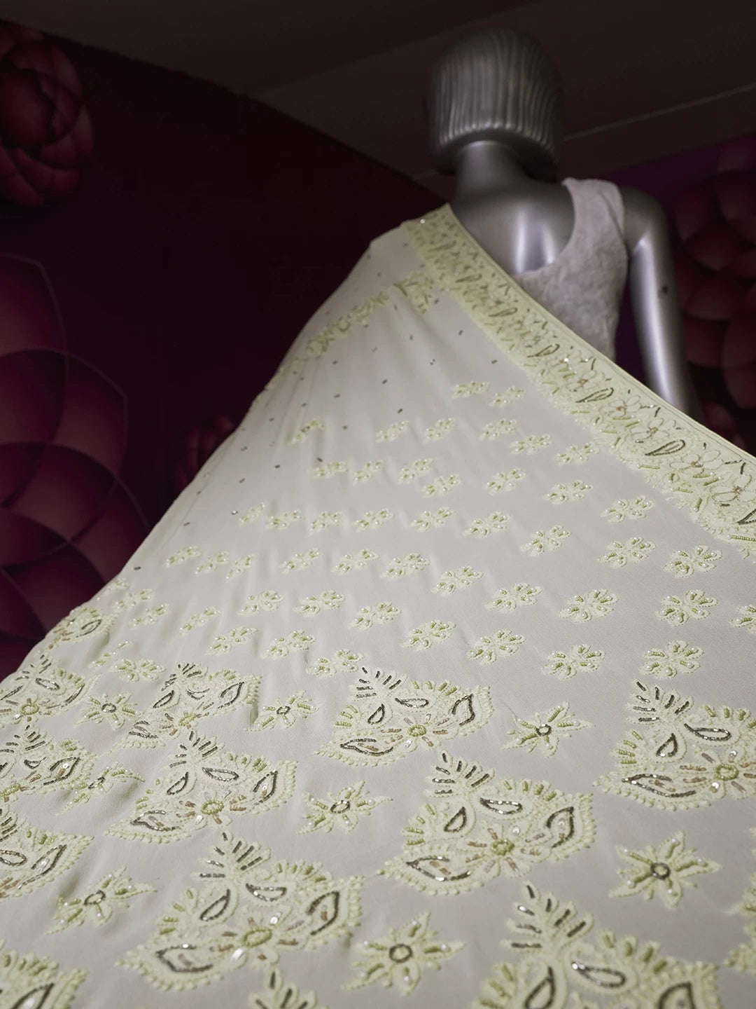 Ada Hand Embroidered Lime Green Viscose Georgette Lucknowi Chikankari Saree With Blouse And Pearl Work 01A356367