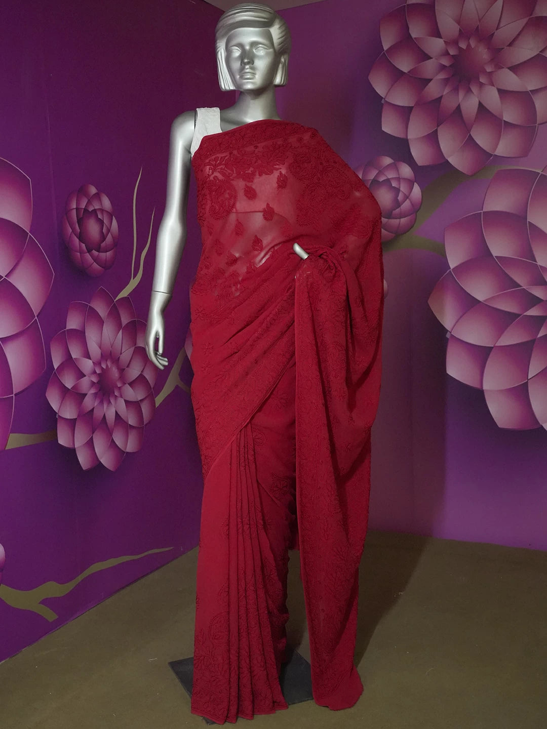 Ada Hand Embroidered Scarlet Red Pure Georgette Lucknow Chikankari Saree With Blouse 01A404688