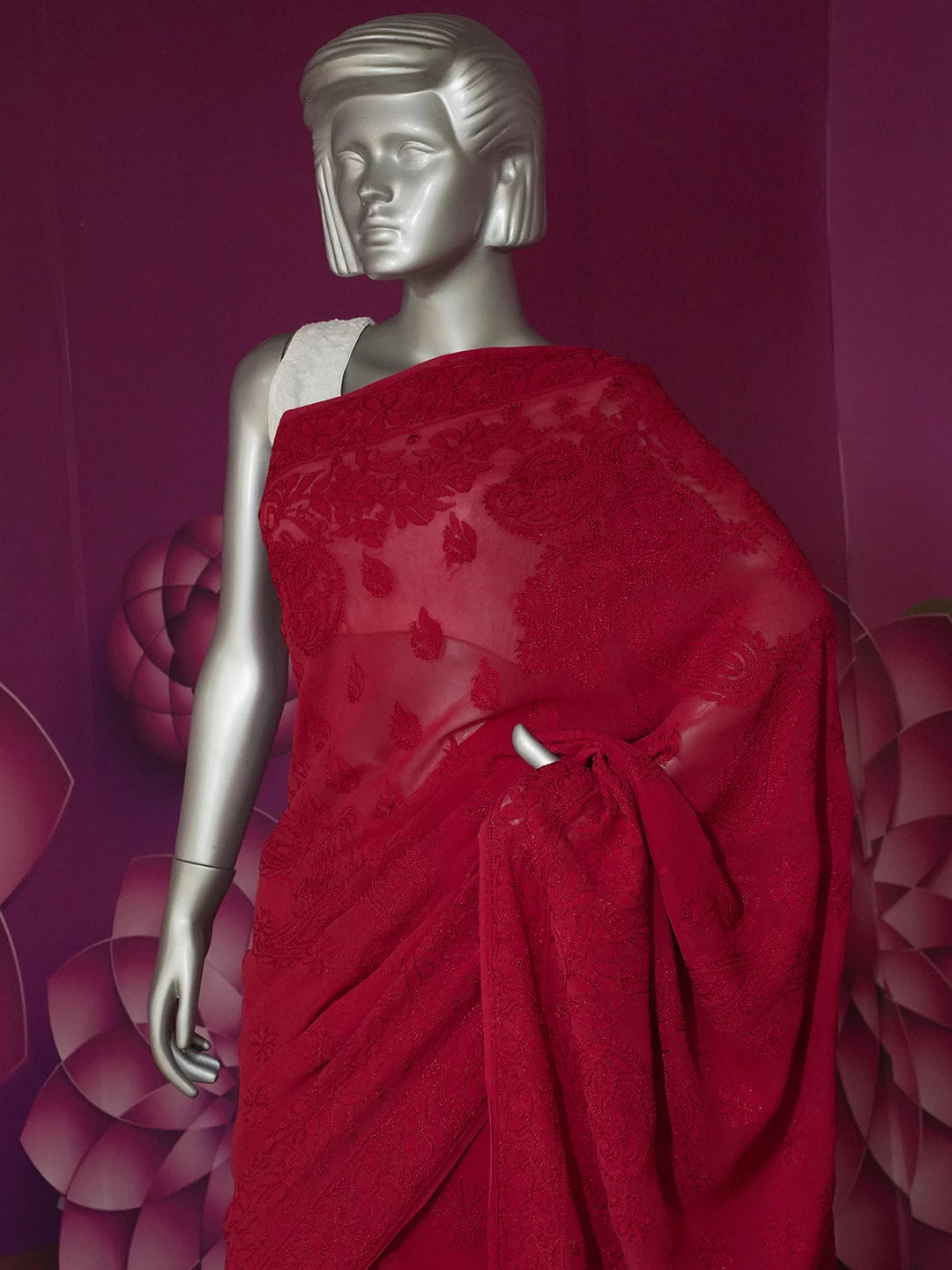 Ada Hand Embroidered Scarlet Red Pure Georgette Lucknow Chikankari Saree With Blouse 01A404688