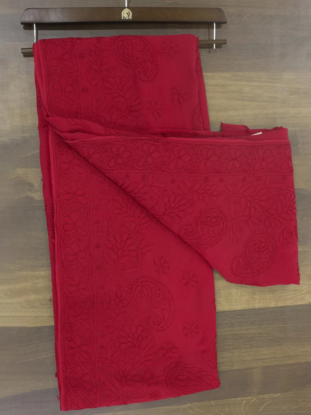 Ada Hand Embroidered Scarlet Red Pure Georgette Lucknow Chikankari Saree With Blouse 01A404688