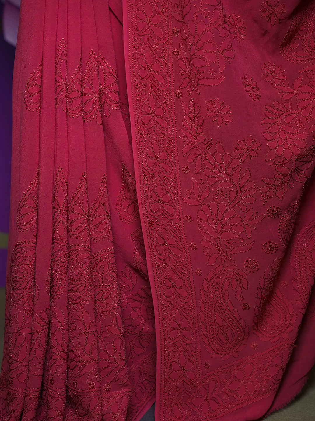 Ada Hand Embroidered Scarlet Red Pure Georgette Lucknow Chikankari Saree With Blouse 01A404688