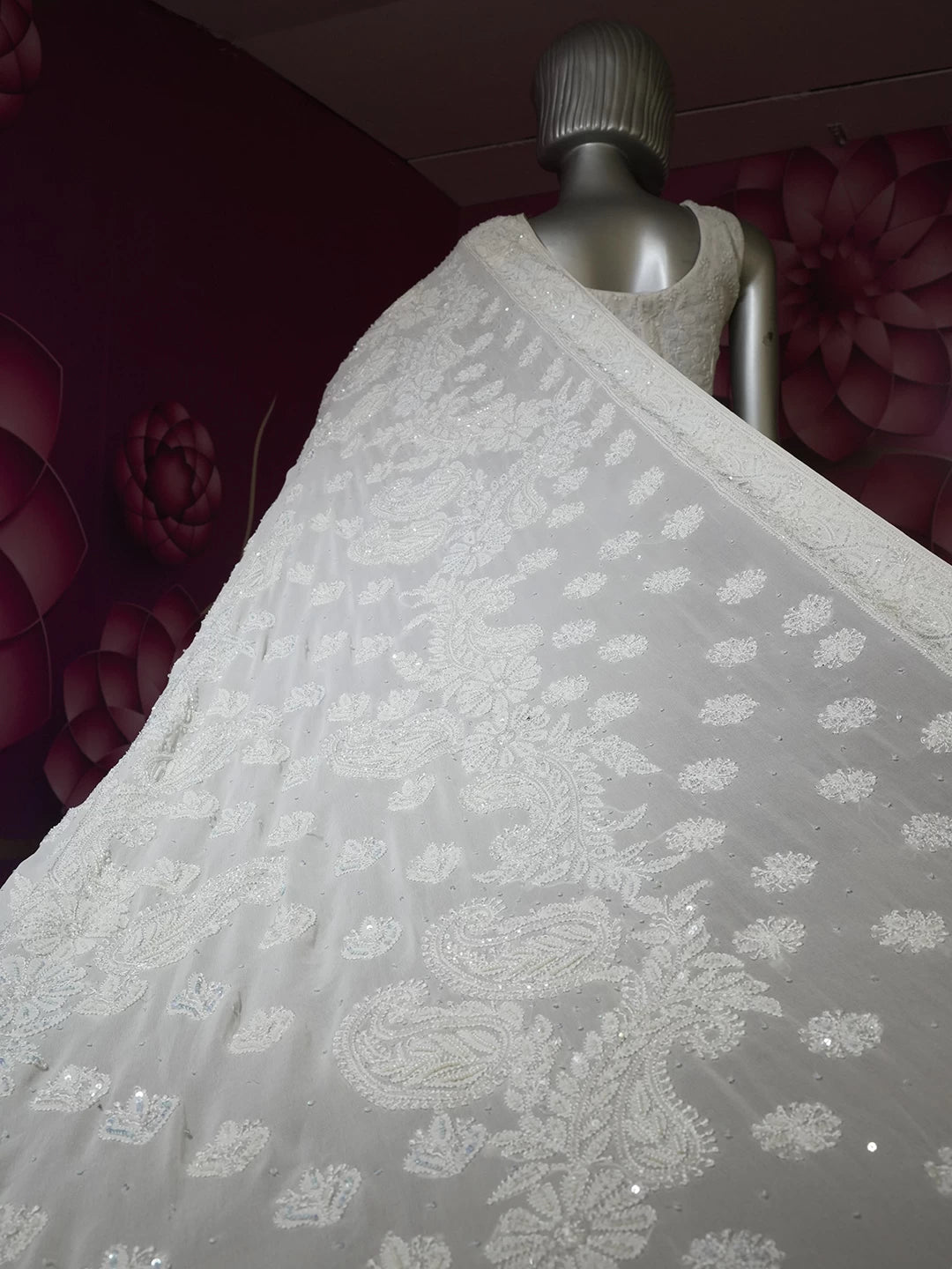 Ada Hand Embroidered Ombre Shade Of Light Blue Pure Georgette Lucknow Chikankari Saree With Blouse And Sequinned Work 01A424879