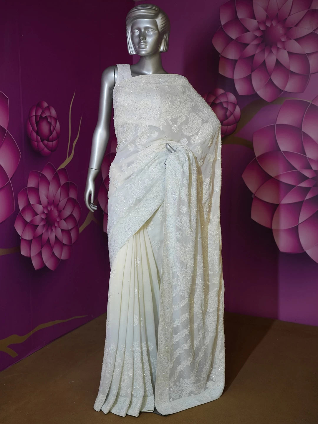 Ada Hand Embroidered Ombre Shade Of Light Blue Pure Georgette Lucknow Chikankari Saree With Blouse And Sequinned Work 01A424879