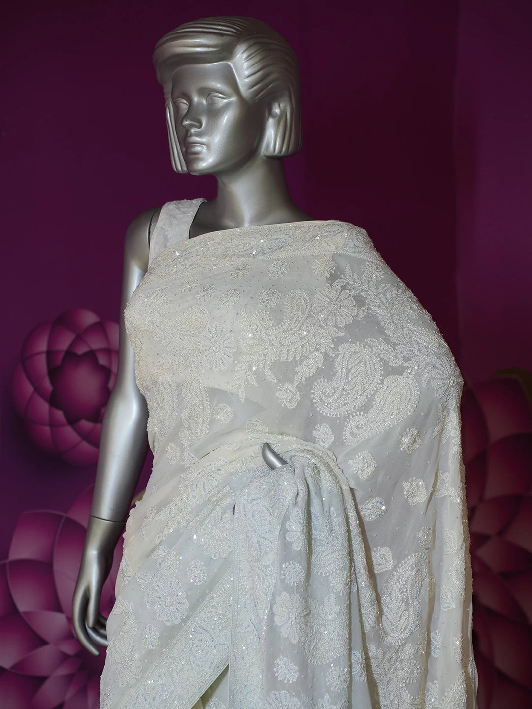 Ada Hand Embroidered Ombre Shade Of Light Blue Pure Georgette Lucknow Chikankari Saree With Blouse And Sequinned Work 01A424879