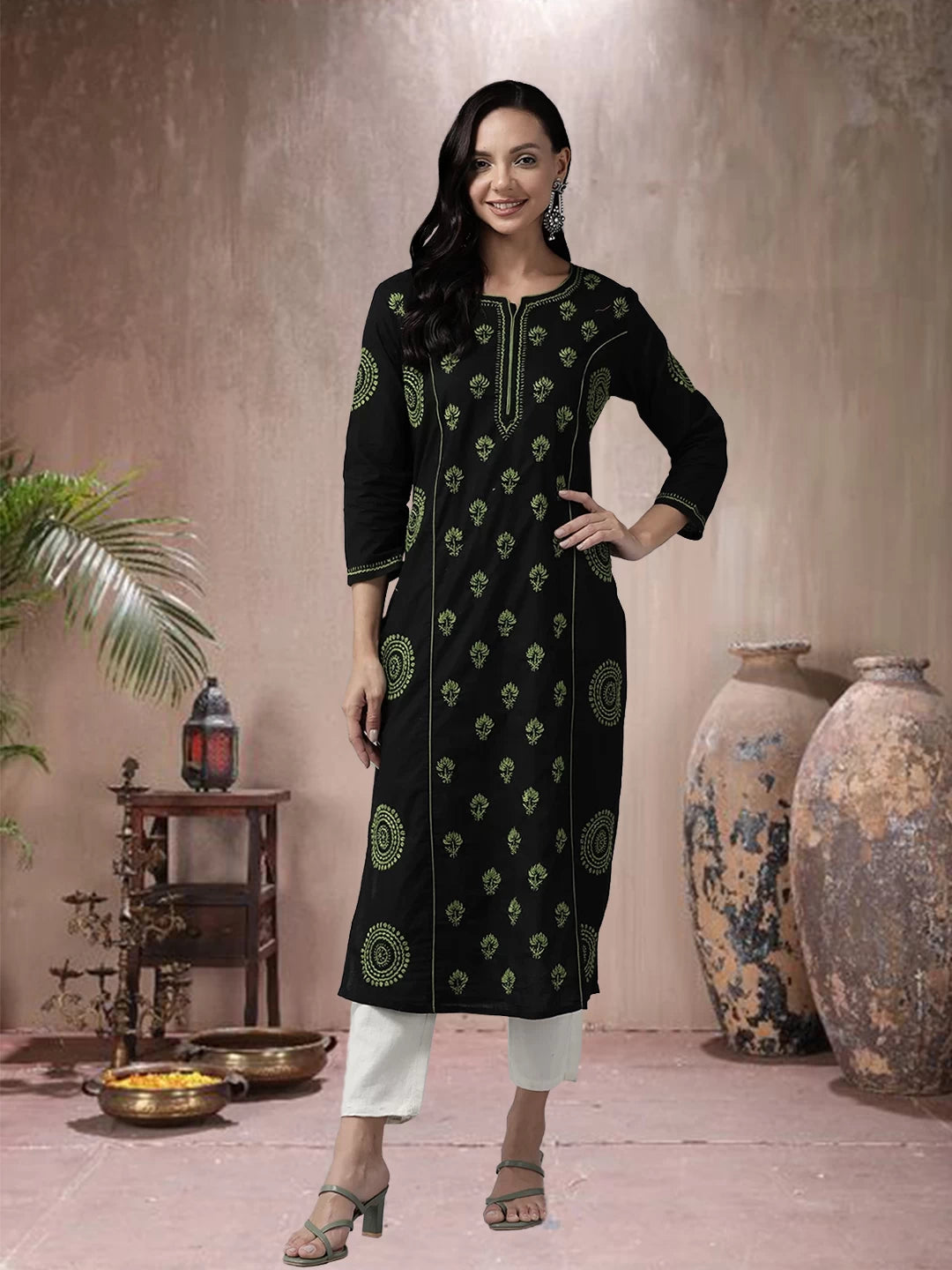 Ada Hand Embroidered Black Cotton Lucknowi Chikankari Straight Kurta A411466