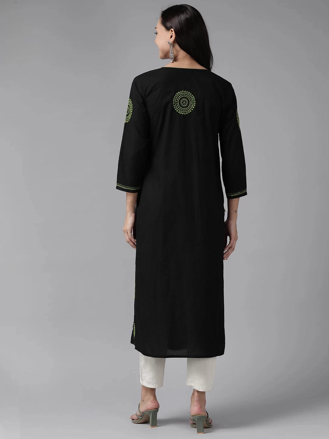 Ada Hand Embroidered Black Cotton Lucknowi Chikankari Straight Kurta A411466