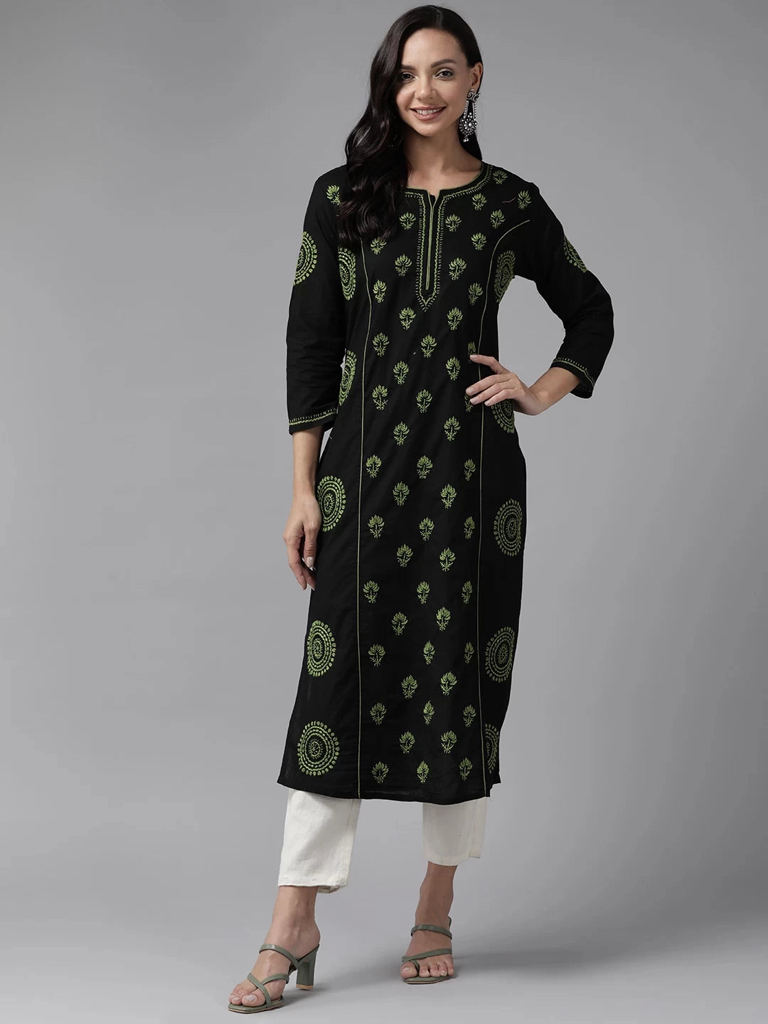 Ada Hand Embroidered Black Cotton Lucknowi Chikankari Straight Kurta A411466
