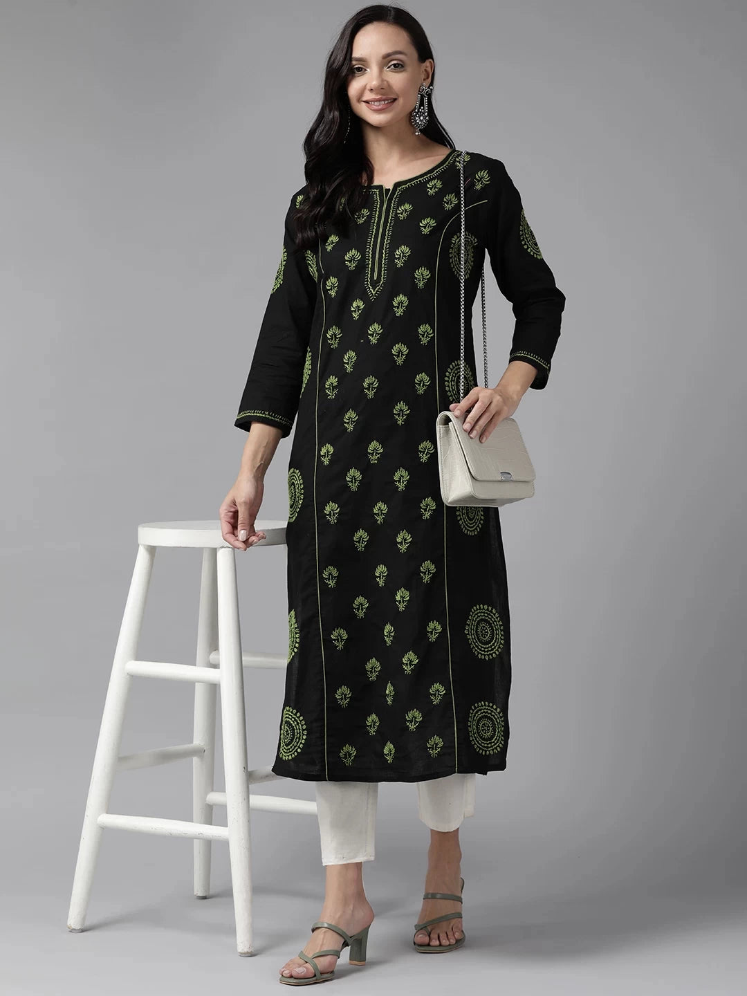 Ada Hand Embroidered Black Cotton Lucknowi Chikankari Straight Kurta A411466